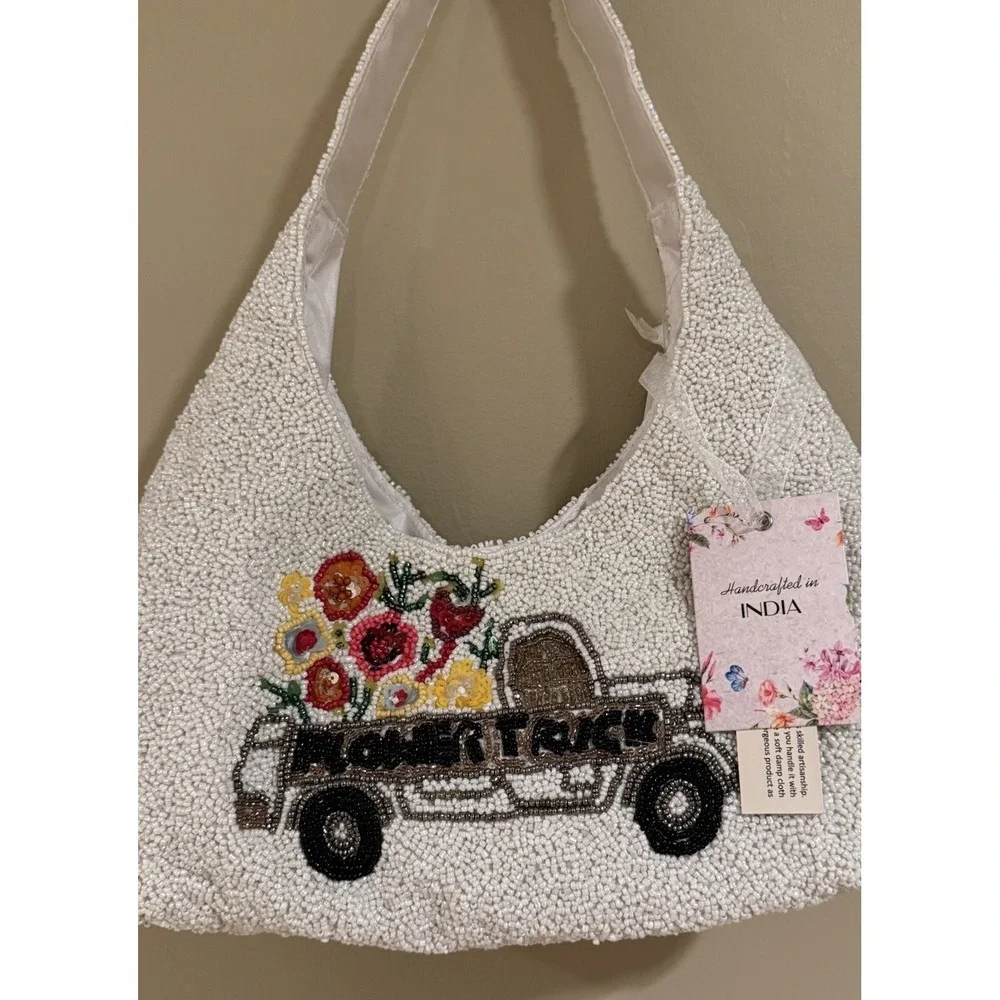 Handcrafted in India Flower Truck Butterfly Beaded Bag‎ White NWT